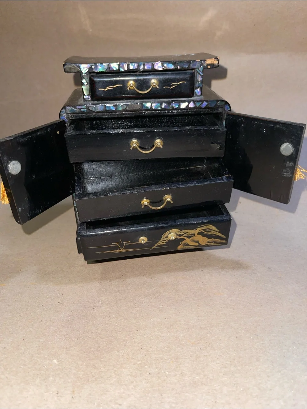 Japanese Black Lacquer Miniature Chest Tansu Jewelry Box Fuji